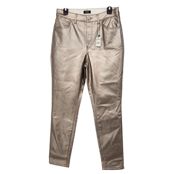 NWT Express Champagne Faux Leather Metallic High Rise Skinny Pants Women's 10 - Picture 2 of 13